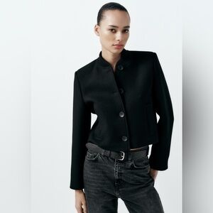 Like New! Zara black wool cropped button up bomber jacket size L
